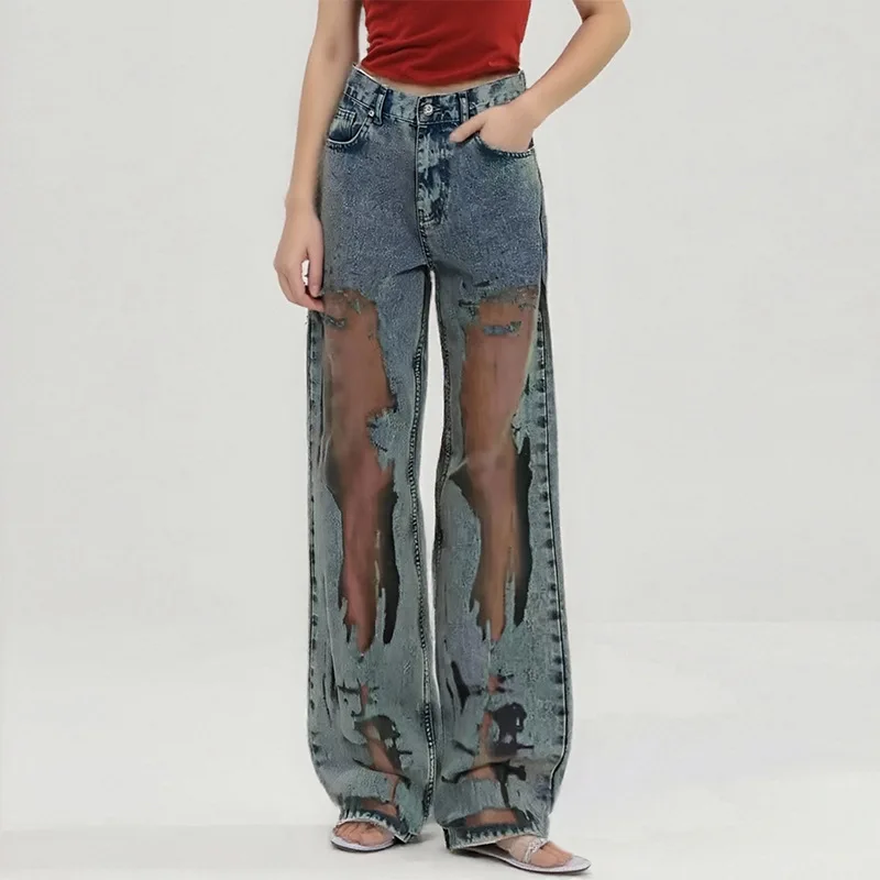 

2025 Designer Women's Jeans Pant Blue Denim With Sheer Mesh Knee Panels Hip Hop Style Distressed High Waist Streetwear Trousers