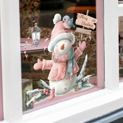 크리스마스 핑크 눈사람 벽 스티커, 유리 창문 장식 벽화, 홈 침실 장식, 자체 접착 축제 새해 데칼 