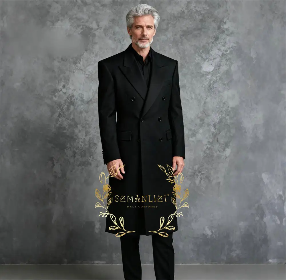 

Black Long Blazer Men Suit Wedding Party Formal Groom Groomsman Prom Business Male Tuxedos 3 Piece Set Jacket Vest Pants