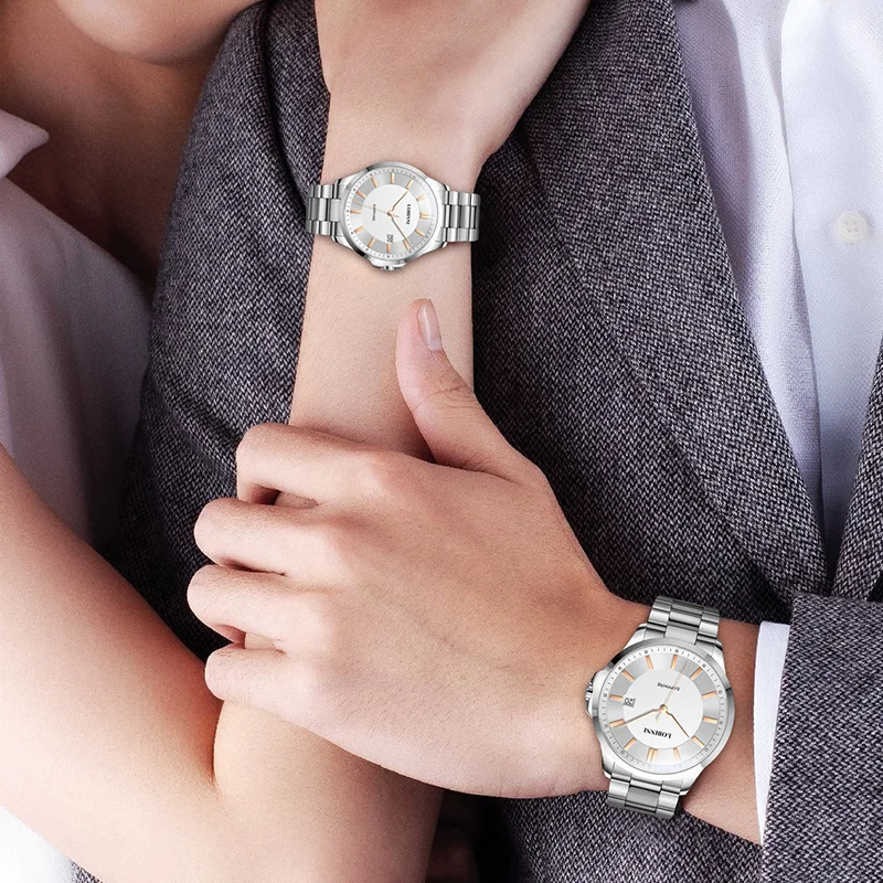 LOBINNI Couples Watch A Pair Of Business Quartz Watch Sapphire Glass Waterproof Watch Luminous Hands Steel Strap Watches