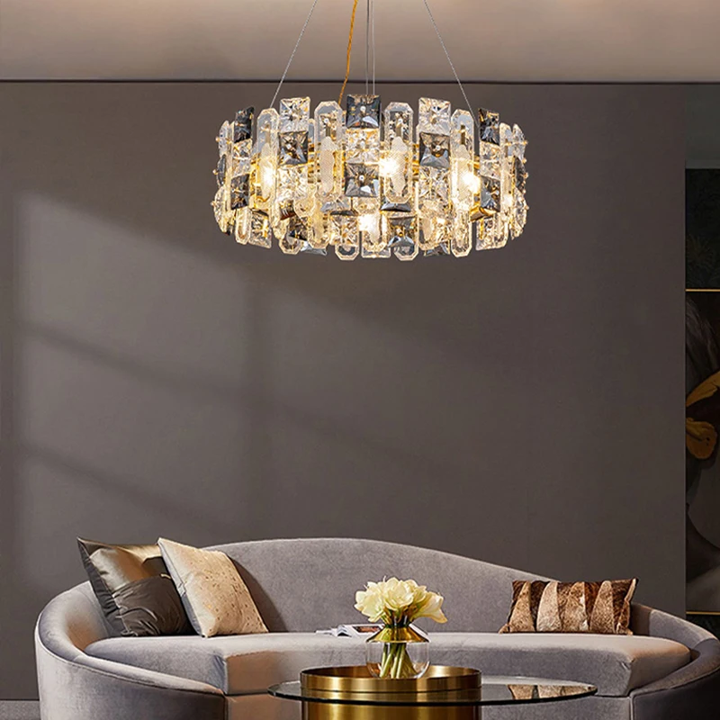 Imagem -03 - Smokey Gray Squre Crystal Long Oval Lustres Luzes Suspensas para Teto Decoração Led para Casa Luxo Golden Sala de Jantar 2024