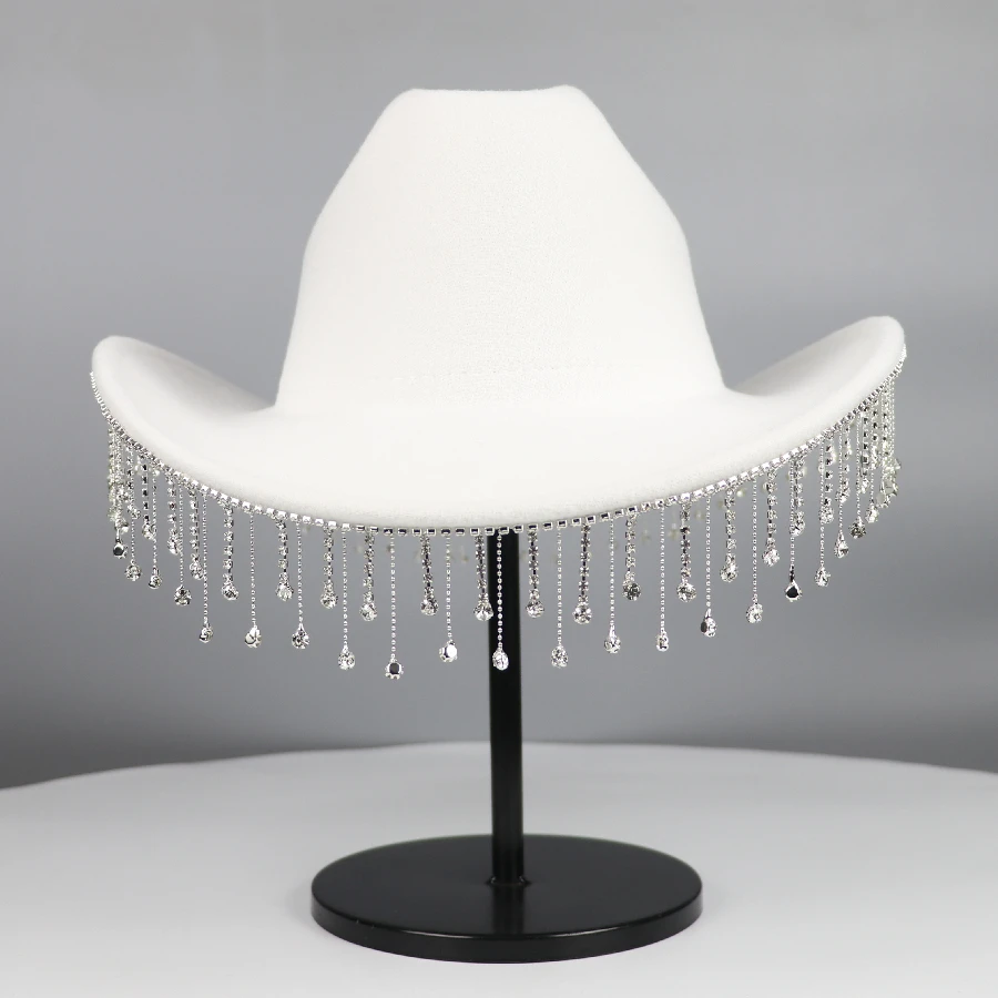 Rhinestone Tassel Vintage Fedora Cap Trend Cowgirl Jazz Hat Unisex Boho Felt Hat For Women Men