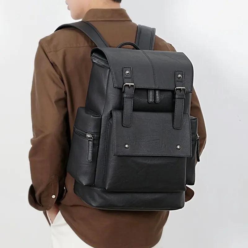 New Vintage Men's Leather Backpack Large Capacity 15.6inch Laptop Bag High Quality PU Leather Travel Work Shoulder Bag Mochila