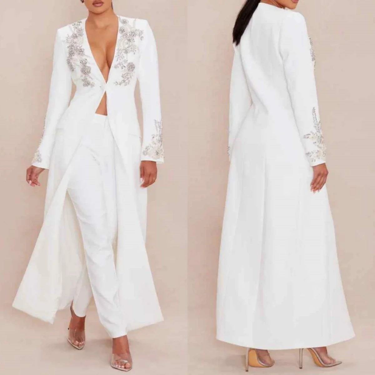 

Luxury Women Suits V Neck 2 Pieces Jacket Pants Sets Mother Of Bride Dresses Crystals Beading Buisness Ladies Dinner Customized