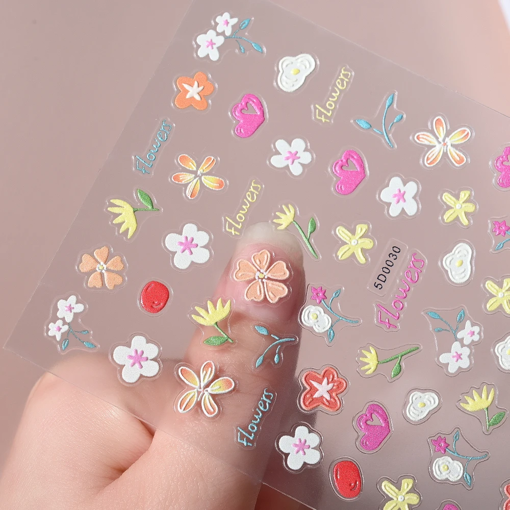 1 pçs 5d em relevo primavera flores adesivos de unhas dos desenhos animados floral carta/coelho/morango slider forgirl crianças diy manicure decalque