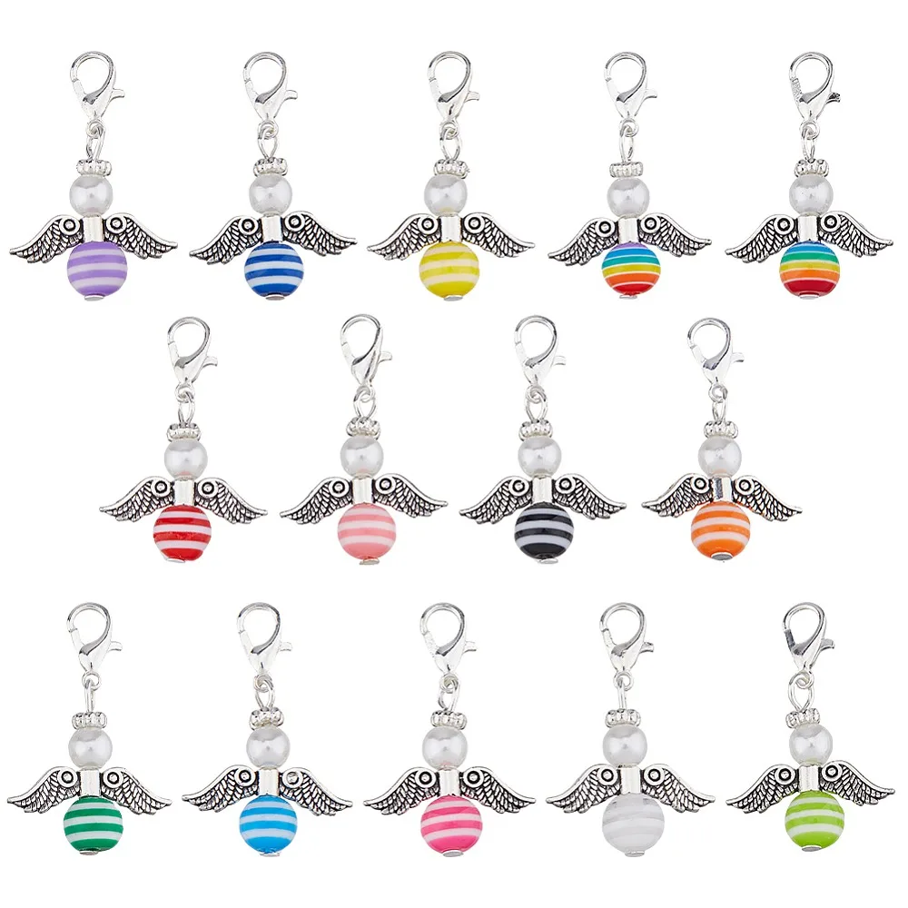 

84Pcs 14 Colors Plastic Imitation Pearl Pendant Decoration Angel with Resin Silver Alloy Lobster Claw Clasps Mixed Color