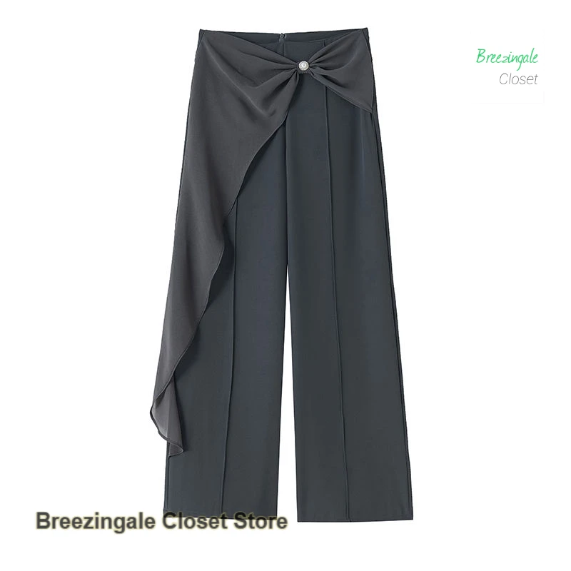 Korean style ice silk chiffon stitching suit wide-leg pants women's summer new fashion high waist drape casual straight pants.