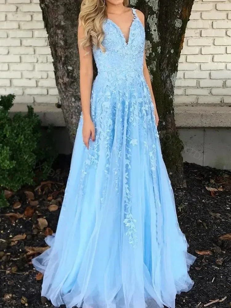 

Cocktail Gown Sling Evening Dresses Lace-up V Neck Prom Dresss Cross Lace Applique Wedding Party Robe A-Line Formal Vestidos