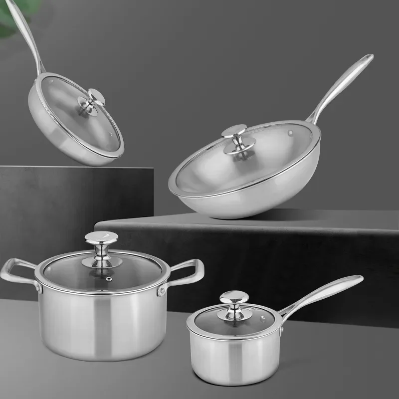 Pure Titanium Cookware Set Wok Frying Pan Milk Pot Soup Stew Induction Compatible Uncoated Healthy Kitchen Pots Pans Uncoated