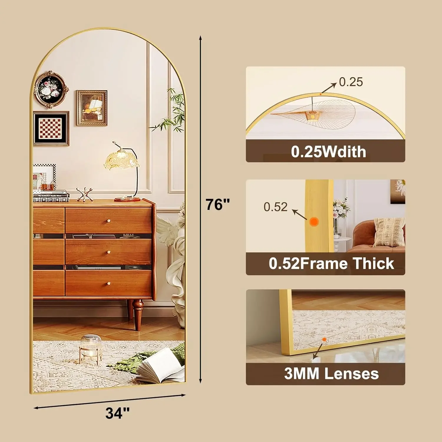 76"x34" Arched Full Length Mirror Free Standing Leaning Mirror Hanging Mounted Mirror Aluminum Frame Modern Simple Ho