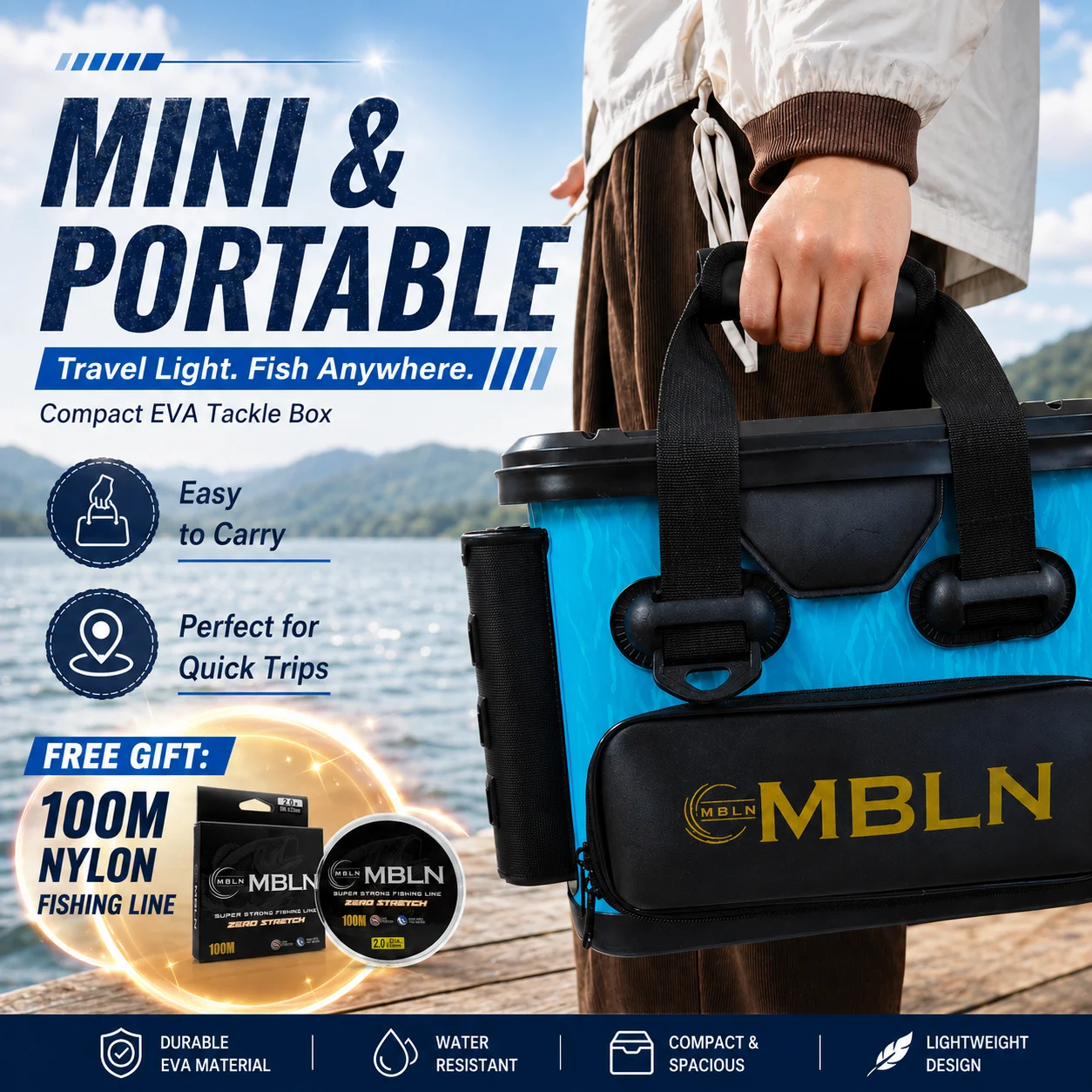MBLN 14L Mini EVA Angelkoffer, Tragbare Hartschalen-Angeltasche mit Rutenhaltern, 70KG Tragfähigkeit, Angelschnur – Detail 7