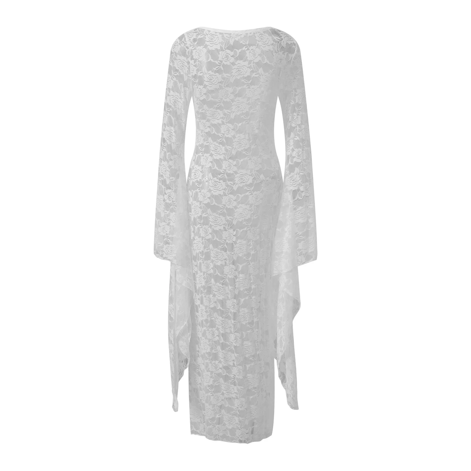 女性のレースシアーロングドレスファッショナブルなソリッドカラーVネック長袖スプリットボディコンドレス