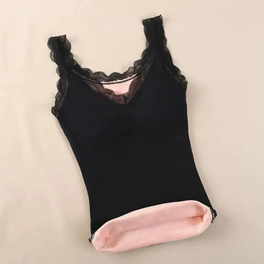 Stretchy Thermal Camisole Women’s Thermal Tank Top with Lace Trim Fleece Lined Camisole V Neck Warm Base Layer Cami Underwear