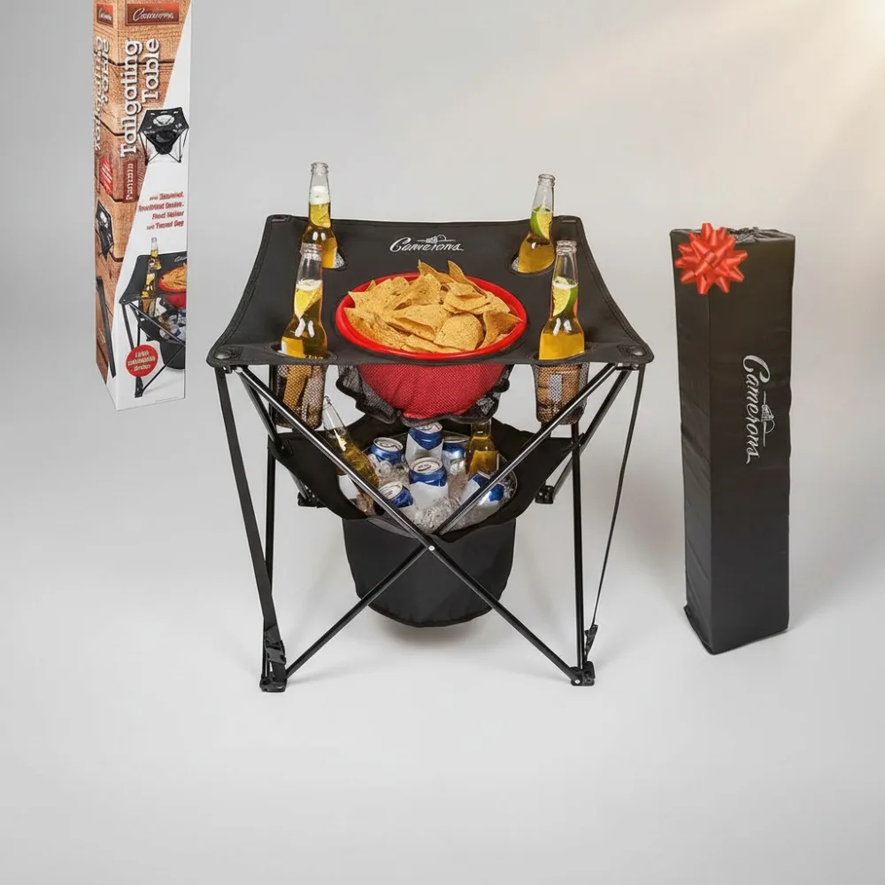 

Portable Folding Camping Table with Built-in Cooler & Food Basket - Perfect for Tailgating, Picnics & Outdoor BBQs