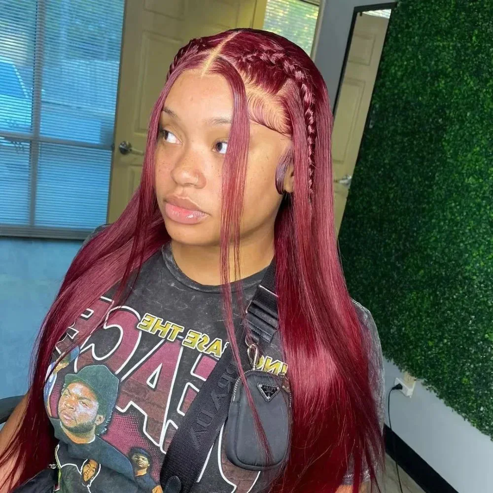 

Bone Straight 13x4 Lace Colored Red Wig 99J 200% Density Human Hair Wig 13x6 HD Transparent Lace Frontal Wigs Pre Plucked With Baby Hair Burgundy 40 Inch Brazilian For Women