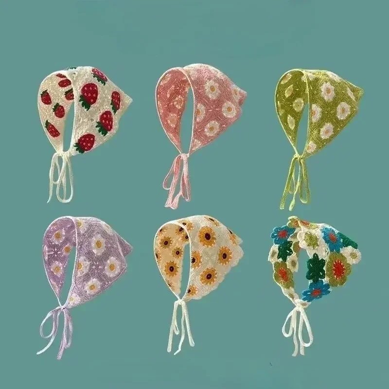 Korean Sweet Cute Crochet Hollow Triangle Headband Towel Women Spring and Summer Handmade Traveling Photo Hair Scarf
