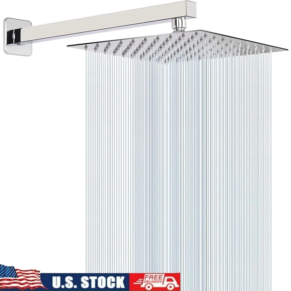 

High Pressure Shower Head with Extension Arm Stainless Steel Rainfall Waterfall 10 Inch Self Cleaning Square Design