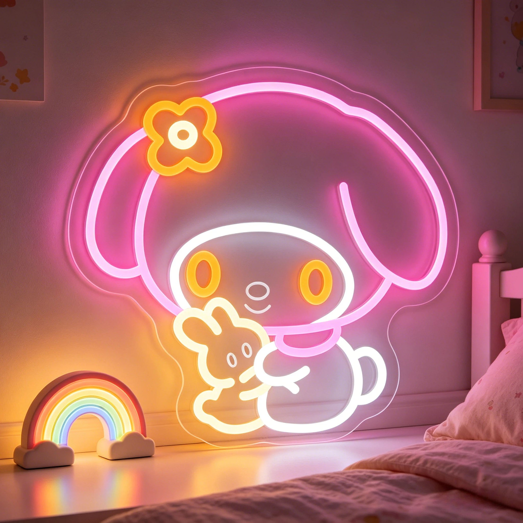 

My Melody Neon Sign LED Wall Art Lighting Wearing Flower Holding Bunny Bedroom Decor Playroom Aesthetic Mood Night Light Gift
