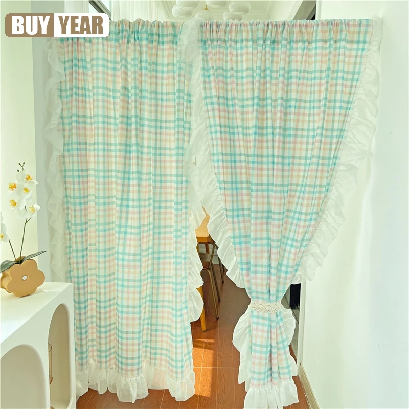 

Korean Yellow/Pink/Green/Blue Lattice Door Curtains For Living Room Japanese Lace Ruffled Plaid Curtains For Kitchen #A368