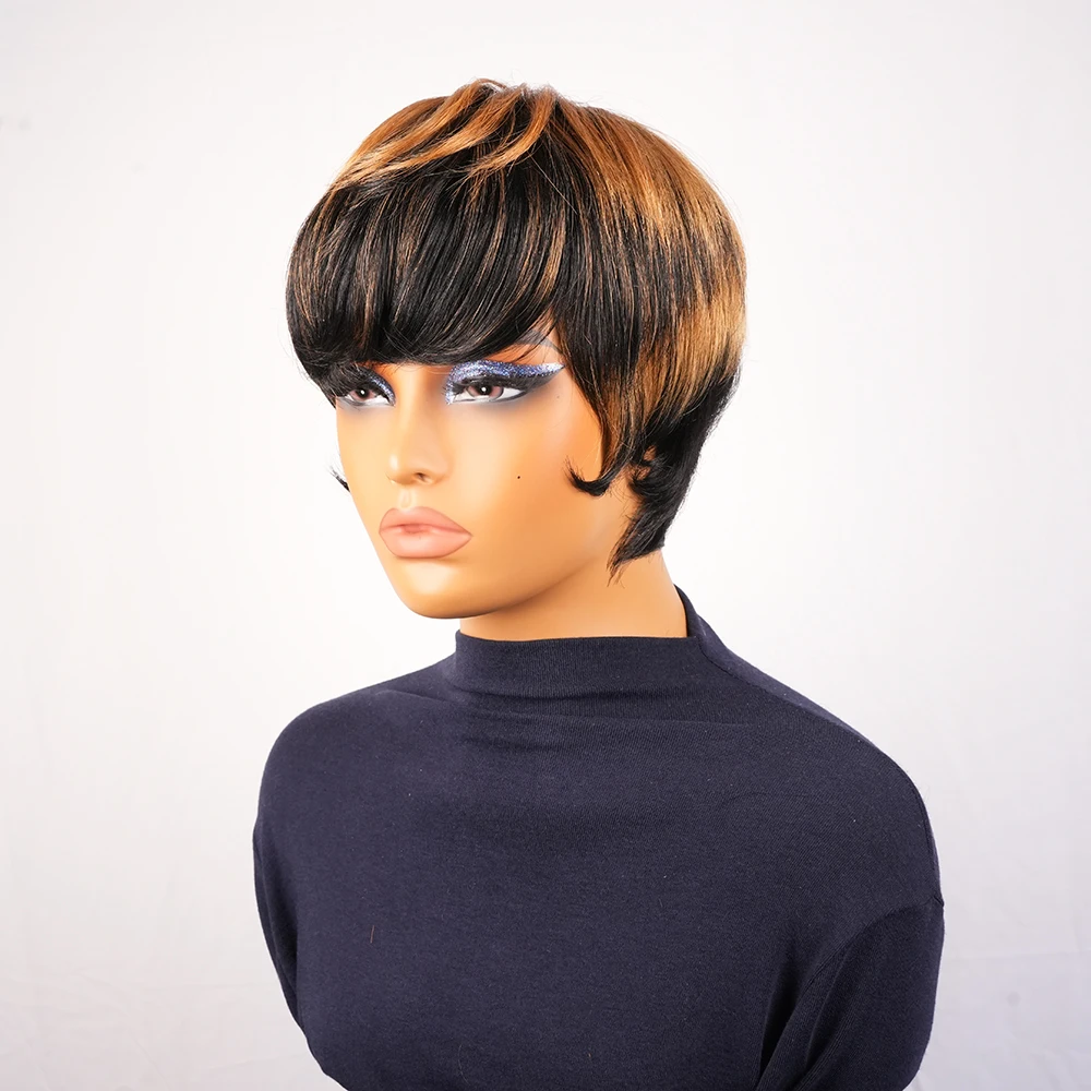 ショートピクシーカット人毛ウィッグ ブロンドハイライトストレートウィッグ 前髪付き レイヤードマシンメイドピクシーカットウィッグ 女性用