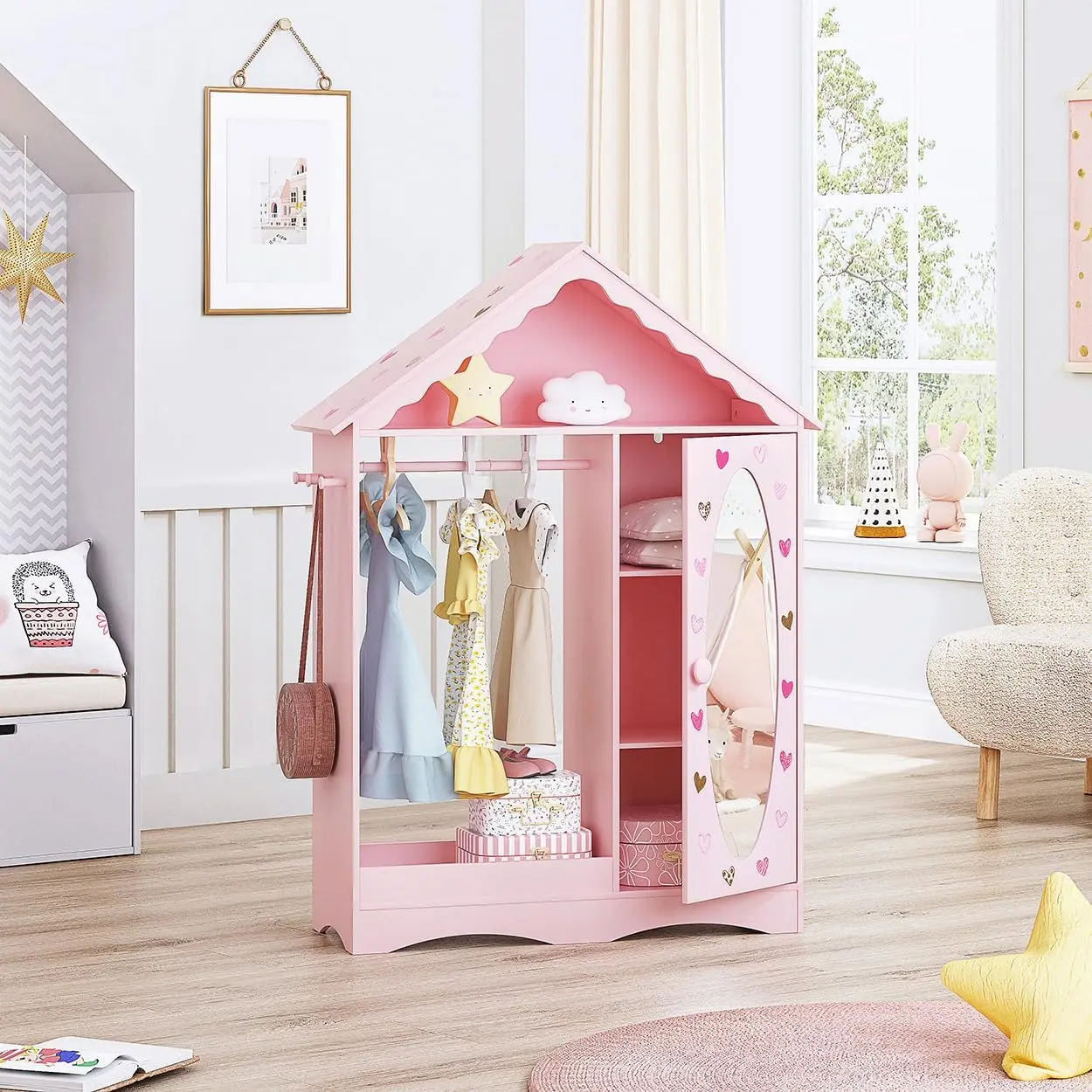 UTEX Kids Dress Up Storage con specchio, armadio guardaroba per bambini, armadio per vestire per bambine, organo per bambini appeso aperto