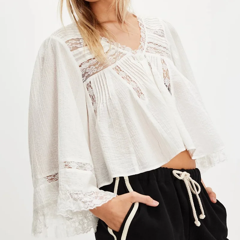 

Women Long Sleeve Ruffle Tops Button Front Wide 3/4 Sleeve V Neck Solid Color Semi Sheer Lace Trim Tank Tops Shirts Y2k Clothes