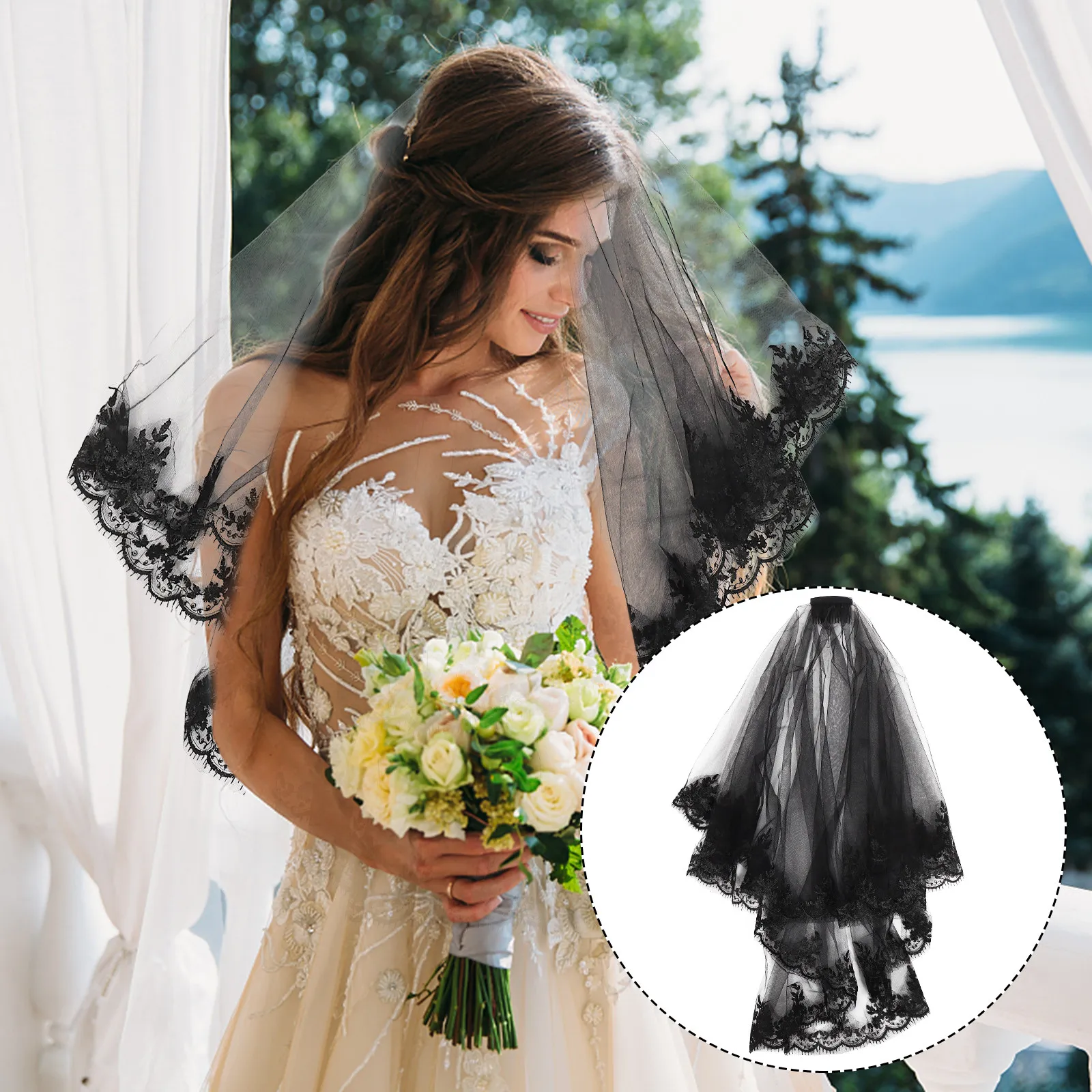 

1 шт. Короткая свадебная фата из сетки, элегантный черный головной убор для невесты, аксессуар для волос для свадебной вечеринки, косплея, театра