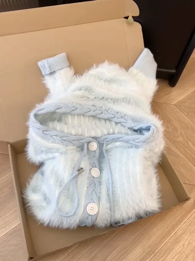 

Синий вязаный кардиган с капюшоном и завязками, женское зимнее комфортное свободное пальто, мягкое трикотажное пальто с длинными рукавами, стандартной длины, дизайн Fufu