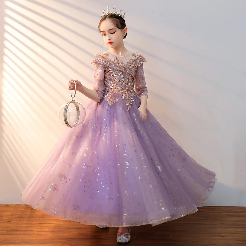 Child Girls Evening Long Dress Purple Pink Luxury Party Gowns Kids Birthday Princess Costume Wedding Formal Dresses Vestido 12 Y
