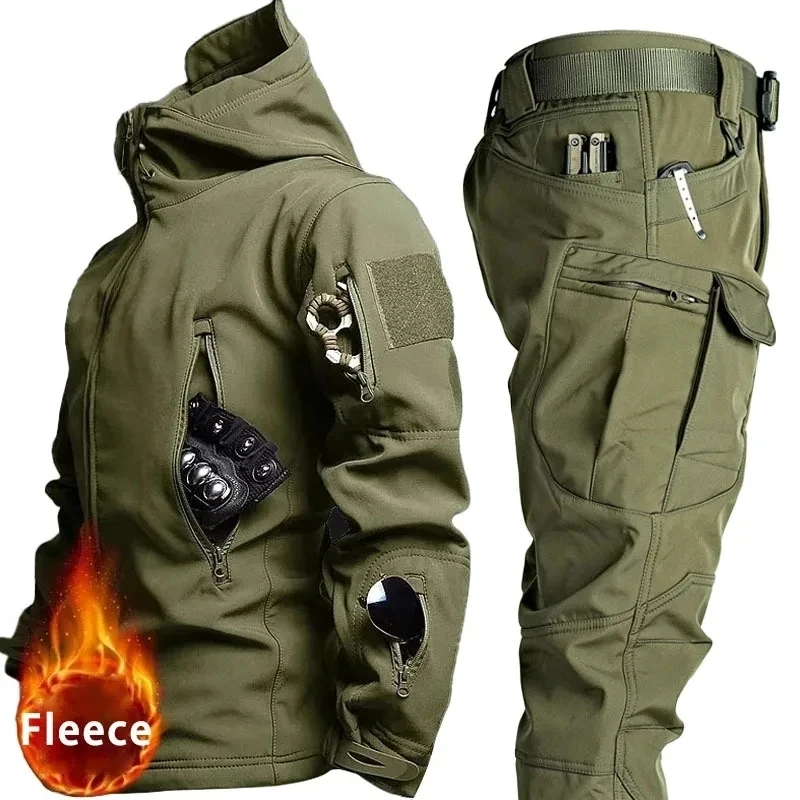 Tactical Winter Set Mens Multi-Pocket Soft Shell Hooded Jackets Shark Skin Work Pants Military Outdoor Windproof Waterproof Suit