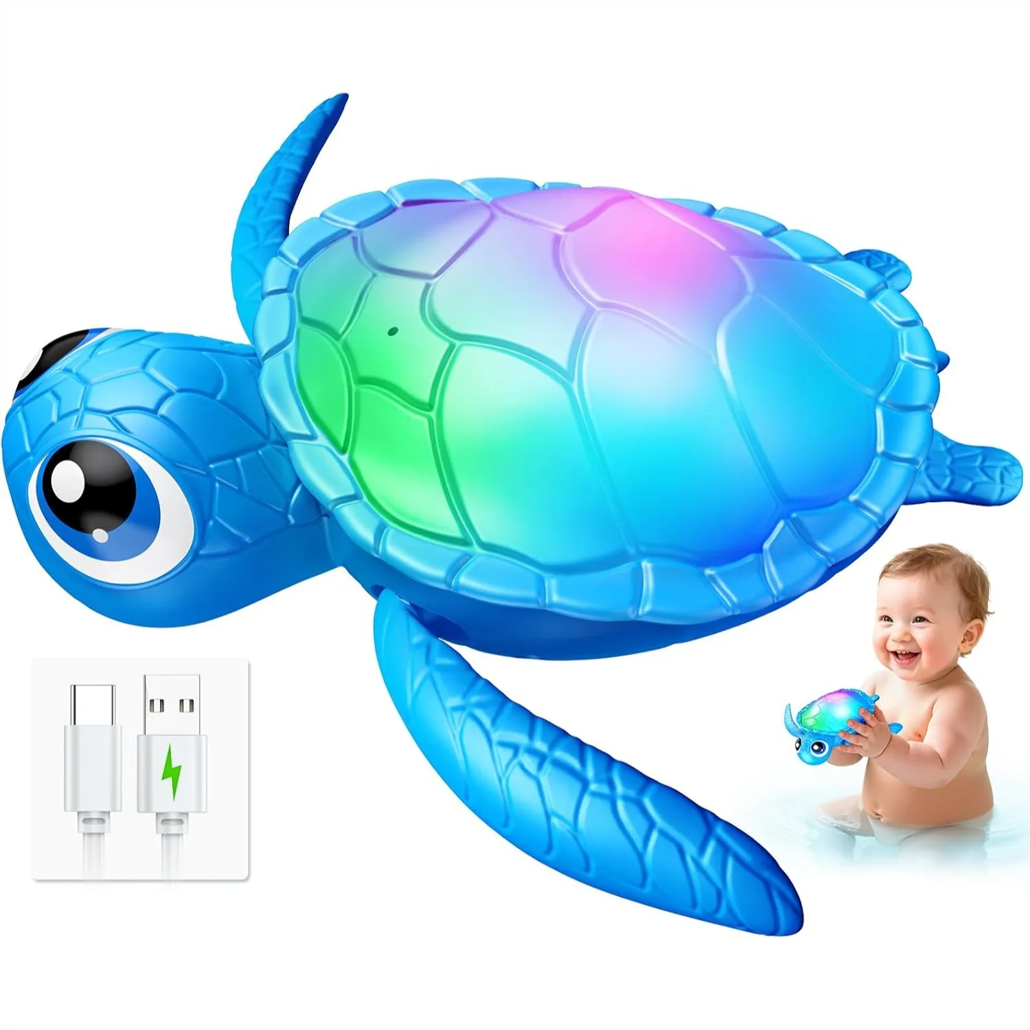 Electric Turtle Bath Toys, Automatic Swimming with Color-Changing LED Lights, Rechargeable & Auto Shut-Off, Pool Floating Toys