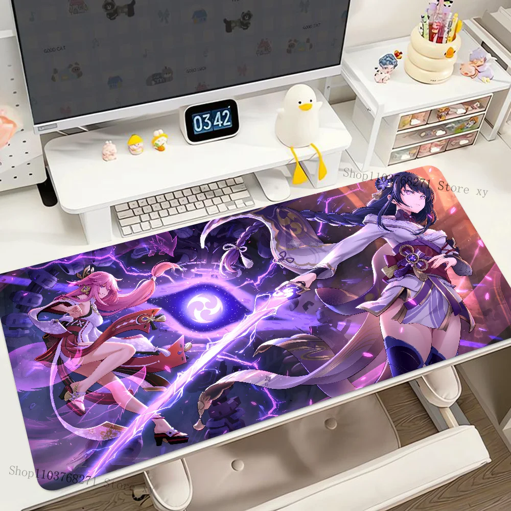 Genshin Mousepad tetikus dampak Raiden, alas Mouse Gaming besar, alas meja Keyboard komputer tebal