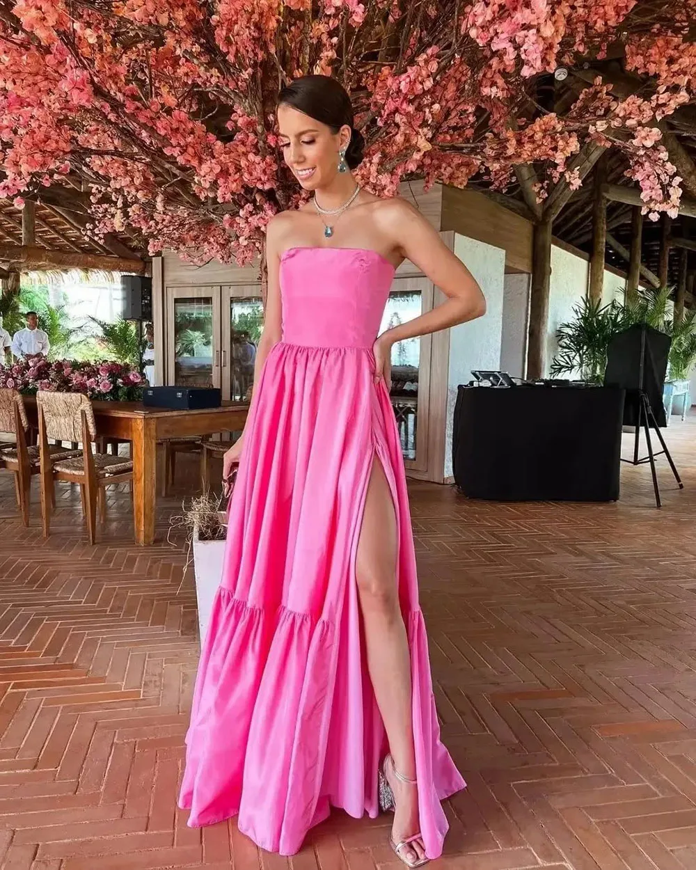 Msikoods Hot Pink Evening Dress Customized Strapless Sexy Side Split Special Occasion Dresses Tiered Ruched Brithday Party Gown