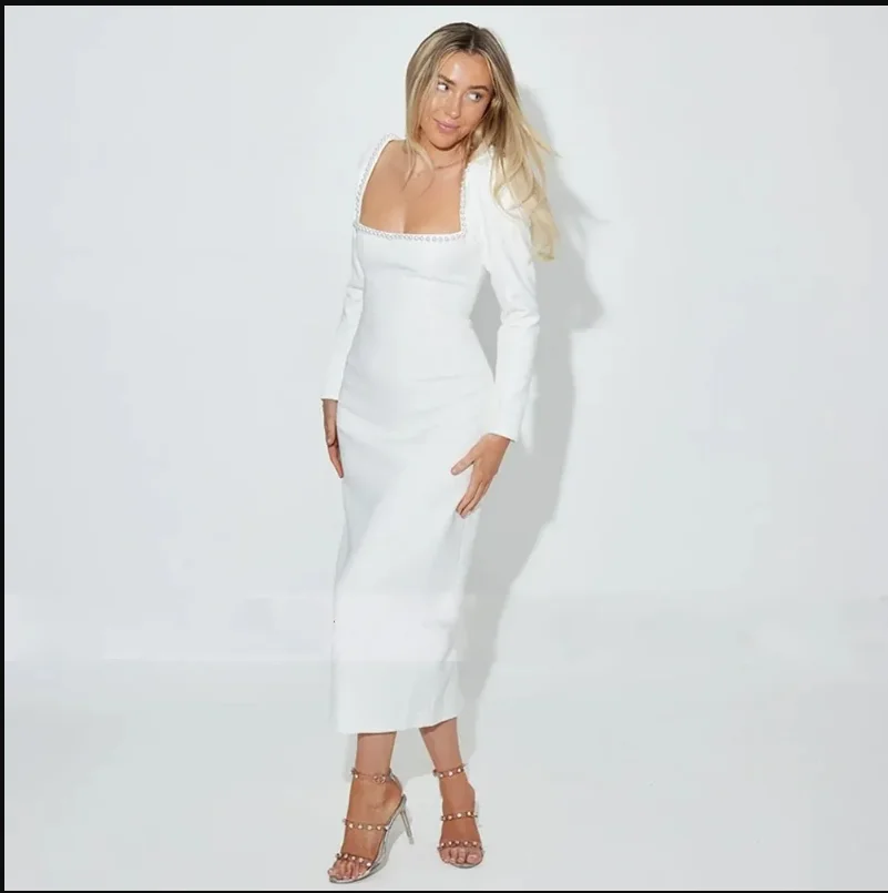 ミディ丈ウェディングドレス ホワイトパール スクエアカラー 長袖 ショートガウン レディース 2024 花嫁 ティーレングス コラム型 ブライダルドレス