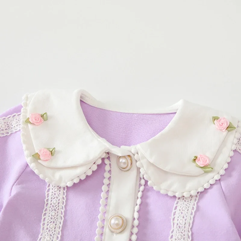 2024 Korean Baby Kids Autumn Climbing Newborn Wear New Lilac Jumpsuit European American Children Light Luxury Bow Belt Clothes