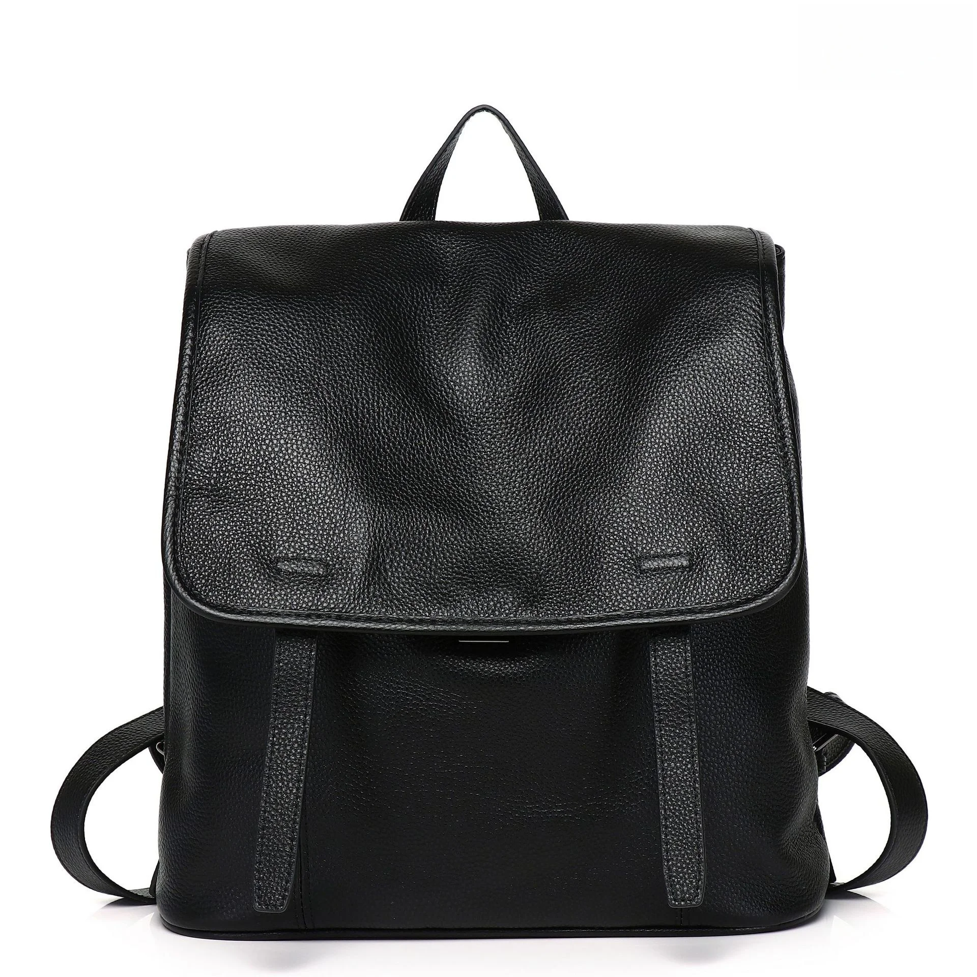 Women Top Grain Cowhide Flap Backpack 2 Ways Carry Metal Clasp Large Leather Rucksack With Back Zip Pocket For Work Travel