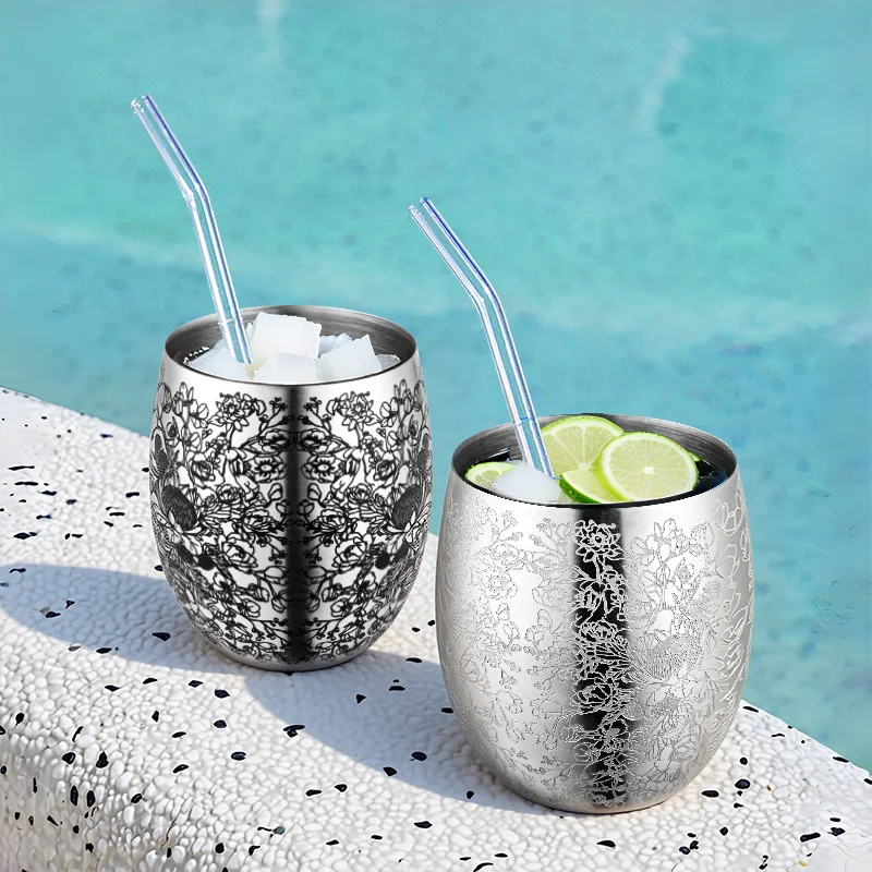 

Set of 2 Silver/Black Flower Etching Cocktail Cups 350ml Stainless Steel COFFEE Cold Drink Mugs Party Bar Travel Home Use Cup