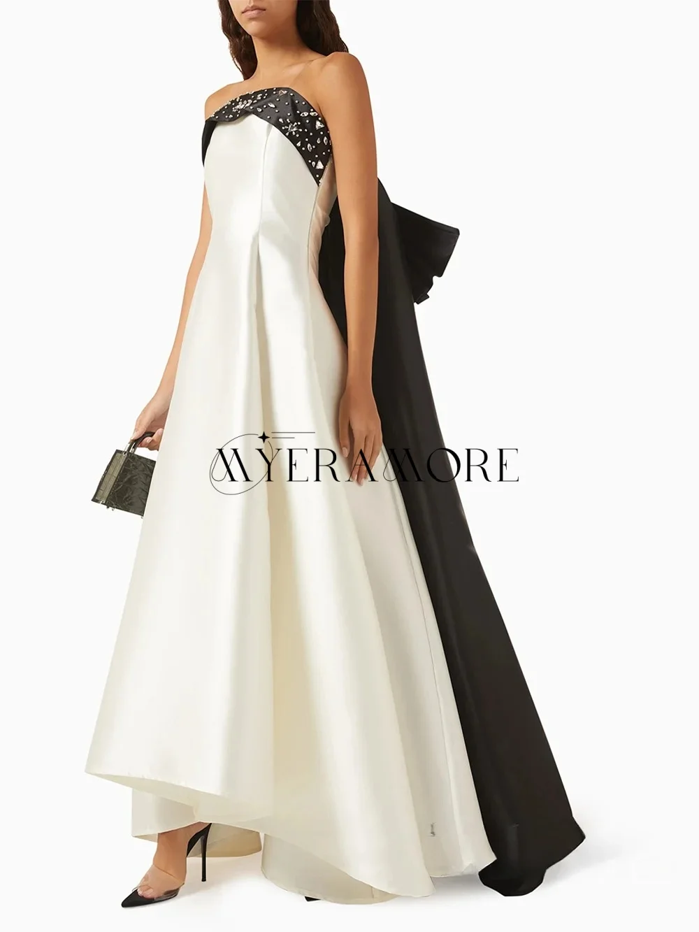 Luxuriöse Abendkleider in Kontrastfarbe, elfenbeinfarben, schwarz, trägerlos, mit Perlen besetzt, mit Schleife und Falten, individuell gestaltet