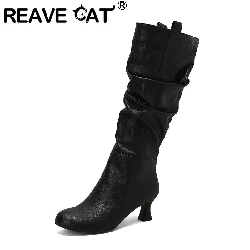 REAVE CAT Elegant Women Knee High Boots Round Toe Small 5.5cm Heels Zip Large Sizes 47 48 49 50 Casual Vintage Footwear