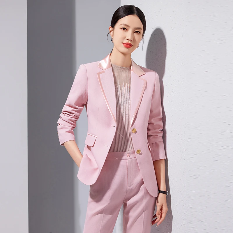 ZJYT Autumn Ladies Formal Business Blazer Pant Sets Two Pieces Womens Outfit Elegant Jacket Suit Trousers Office Work Wear Pink