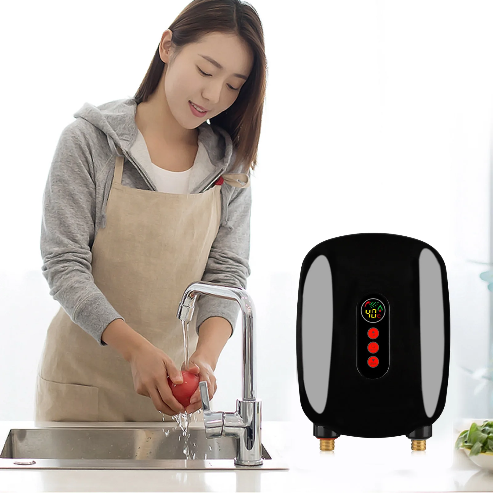 220V 6500W Mini Electric Tankless Instant Hot Water Heater with LCD Touch Screen Display Kitchen, For Kitchen, Shower, Black