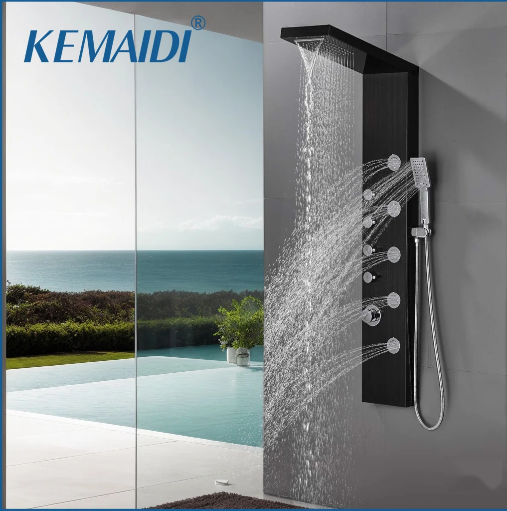

KEMAIDI Shower Panel Tower with Rainfall Waterfall Shower Head 3-Function Handheld Rain Massage System Wall-Mount Shower Column