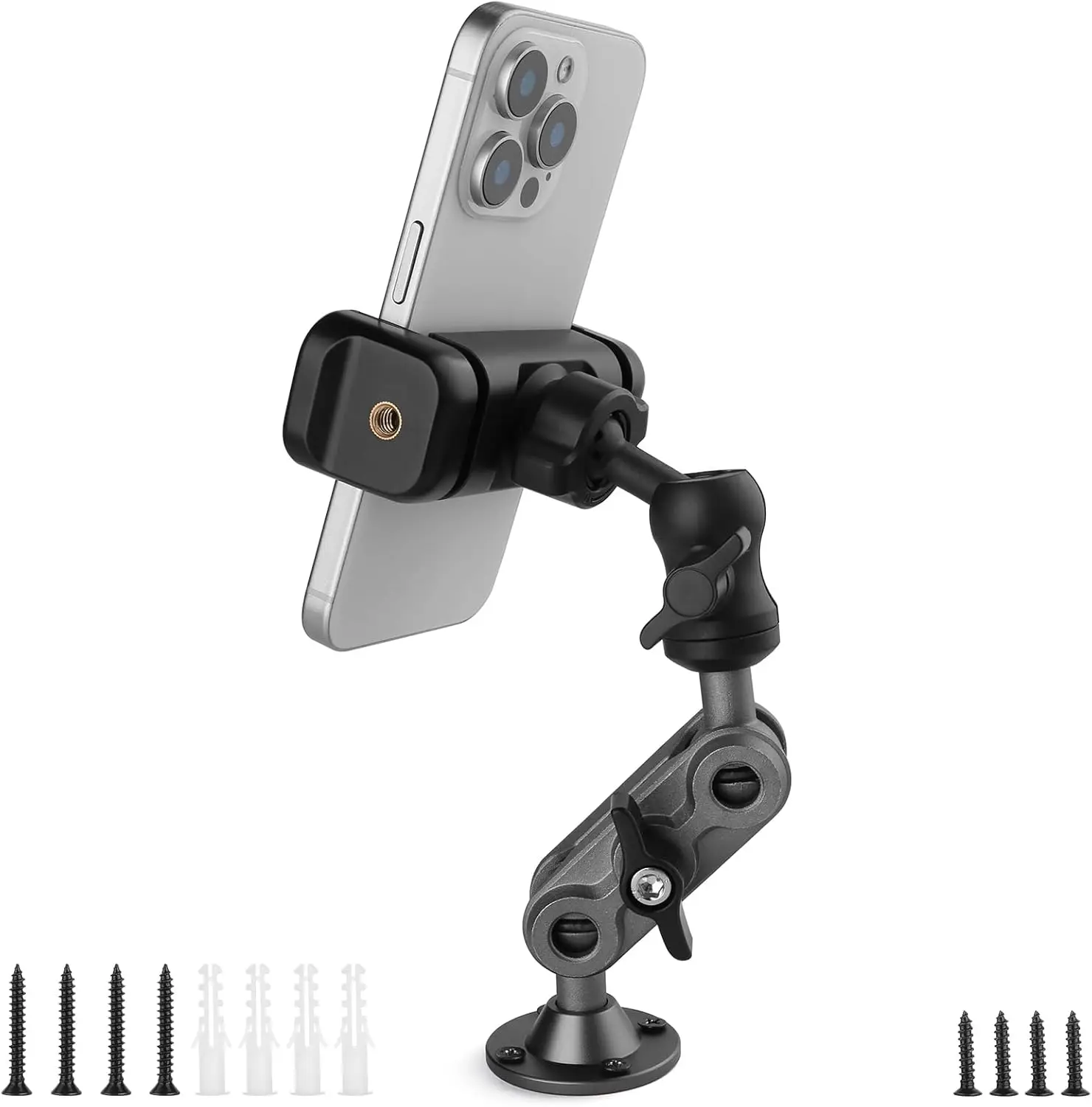 

Heavy Duty Wall Mount Phone Holder with 360° Adjustable Arms, Compatible with 3.5-7.5" Smartphones for Car/Desk/Wall Use