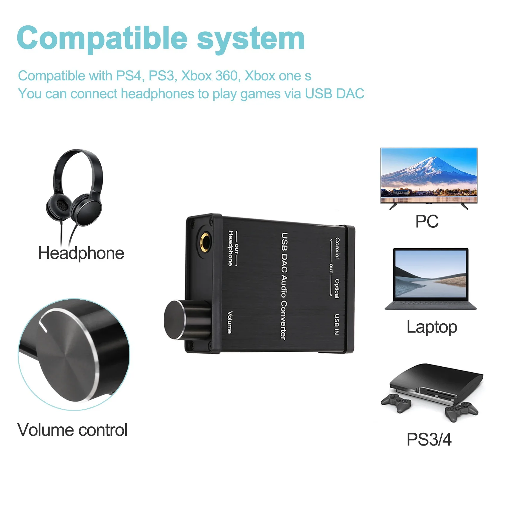 USB to Coaxial S/PDIF Optical 3.5mm/6.3mm Headphone Converter USB DAC Digital to Analog Audio Converter for Windows XP