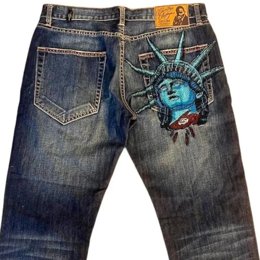 

High Waist Y2k 2000s Statue of liberty Diamonds Jeans Casual Denim Pants Straight Wide Leg Jeans Harajuku Vintage Women Clothing