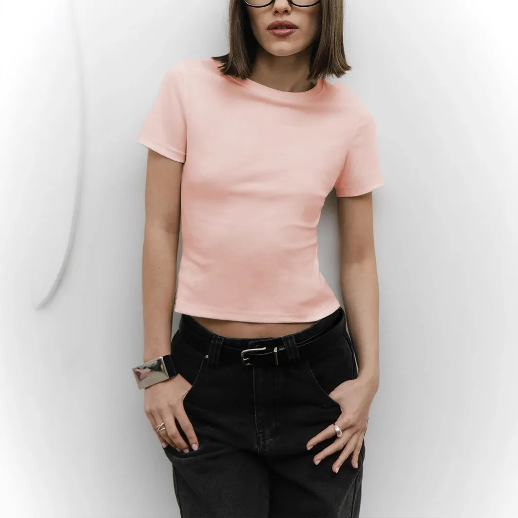 Fitted Short Sleeve Top Sexy Cropped Crew Neck Seamless T Shirt Daily for Women Spring Short Length Private Celebrity Style