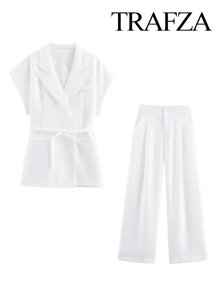 

TRAFZA Women Elegant Solid Pants Suit Lapel Double Sleeveless Belt Design Vest+Pockets Pleated Zipper Button Long Straight Pant