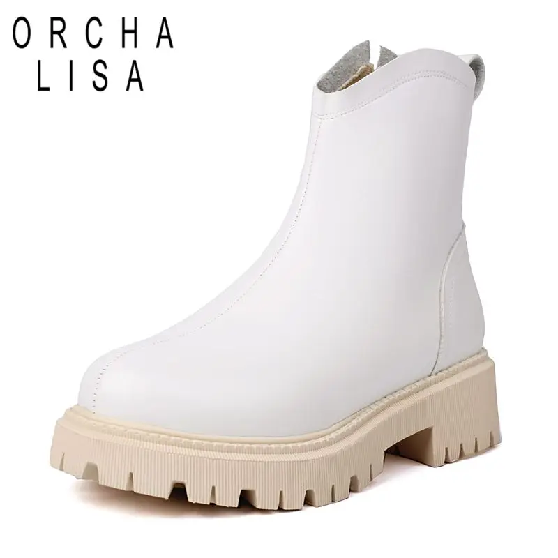 ORCHALISA Brand Women Ankle Boots Round Toe Chunky Heels 4.5cm Platform 2.5cm Zipper Big Size 44 45 Winter Daily Female Booties