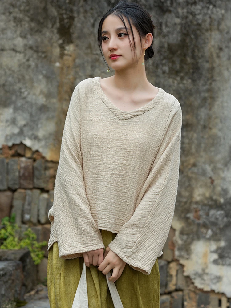 

Весенние винтажные однотонные женские футболки с v-образным вырезом и рукавами «летучая мышь» M1285, женские хлопковые льняные футболки с длинными рукавами, новинка 2025 г.