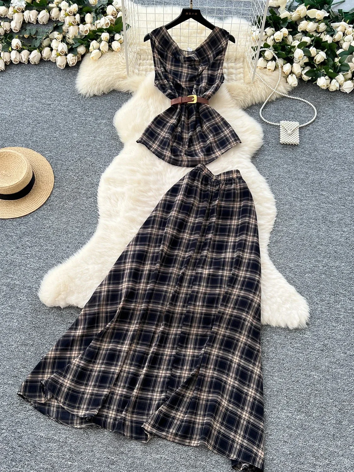 

Винтажные легкие приготовленные комплекты в английском стиле, роскошные клетчатые топы без рукавов с высокой талией, облегающие большие свободные костюмы, элегантные Faldas